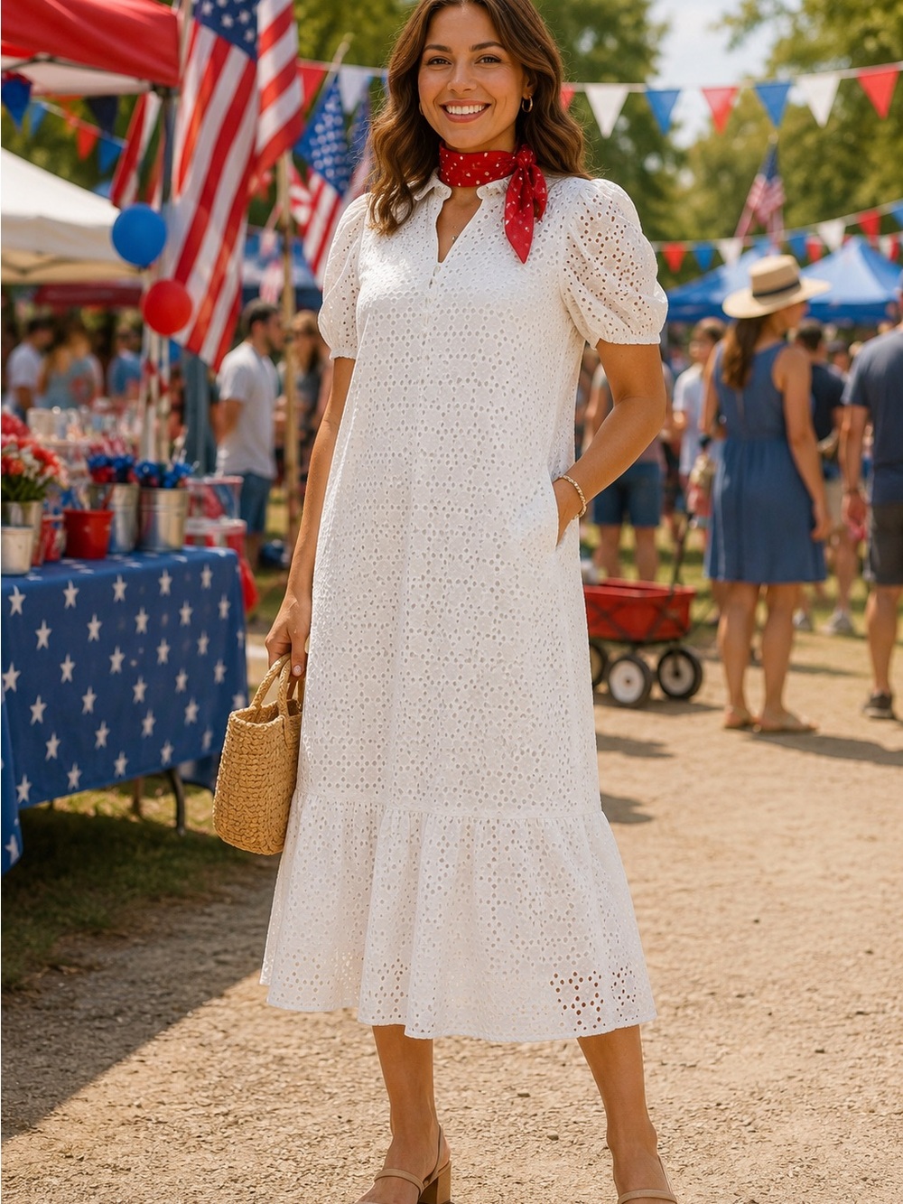 FATE White Eyelet Midi Dress with Flutter Hem